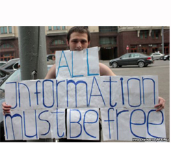 A protester demonstrates against censorship of the Internet near the State Duma in Moscow.