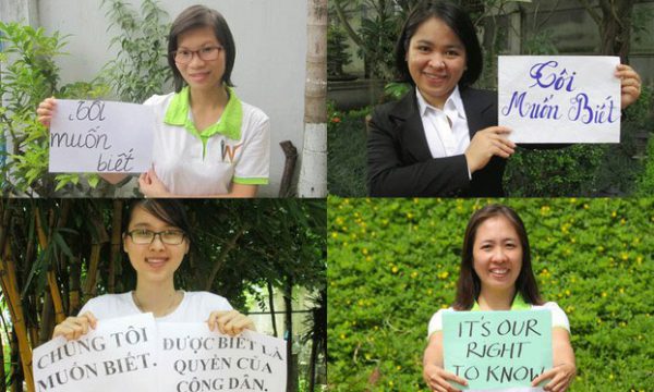 A grid of photos of Vietnamese bloggers display signs demanding government transparency