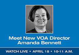 Image of Amanda Bennett with text below reading "Meet new VOA Director Amanda Bennett"