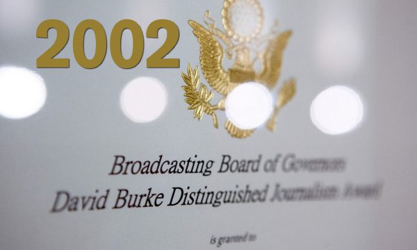 Year 2002, close up of a BBG David Burke Distinguished Journalism Award plaque.